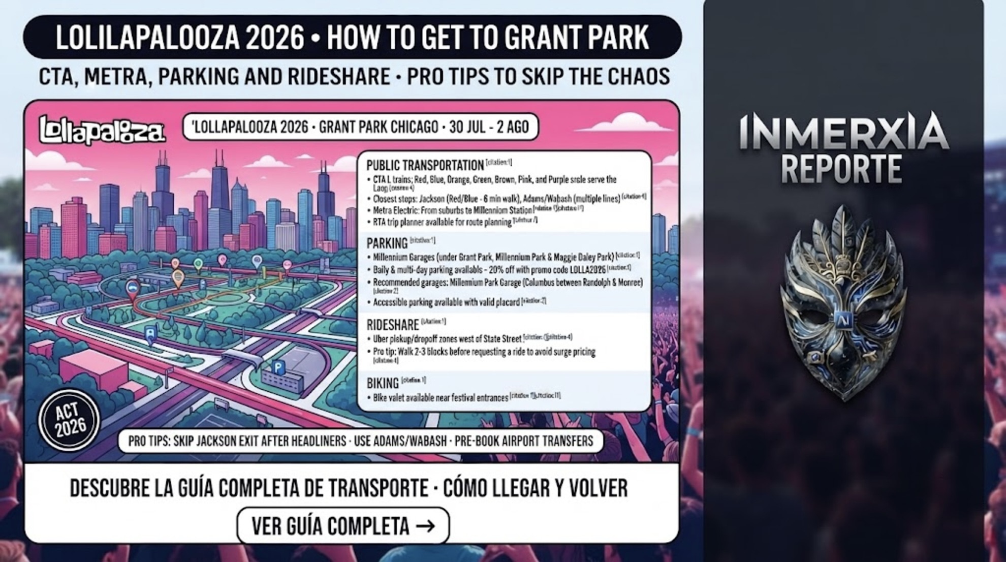 Lollapalooza 2026 transportation guide: CTA L trains, Metra from suburbs, Millennium Garages parking, and rideshare zones at Grant Park Chicago.