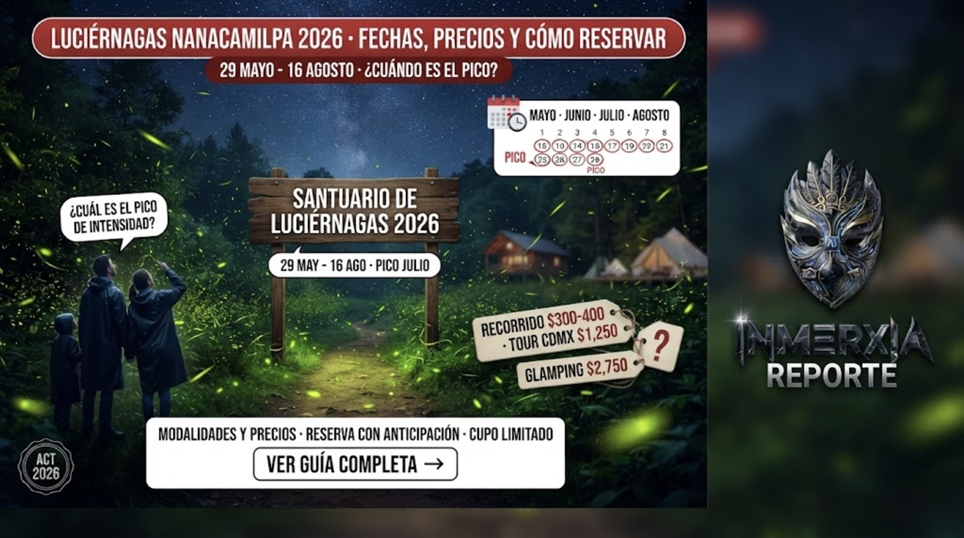 Bosque de Nanacamilpa iluminado por miles de luciérnagas. Título: fechas, precios y cómo reservar para la temporada 2026.