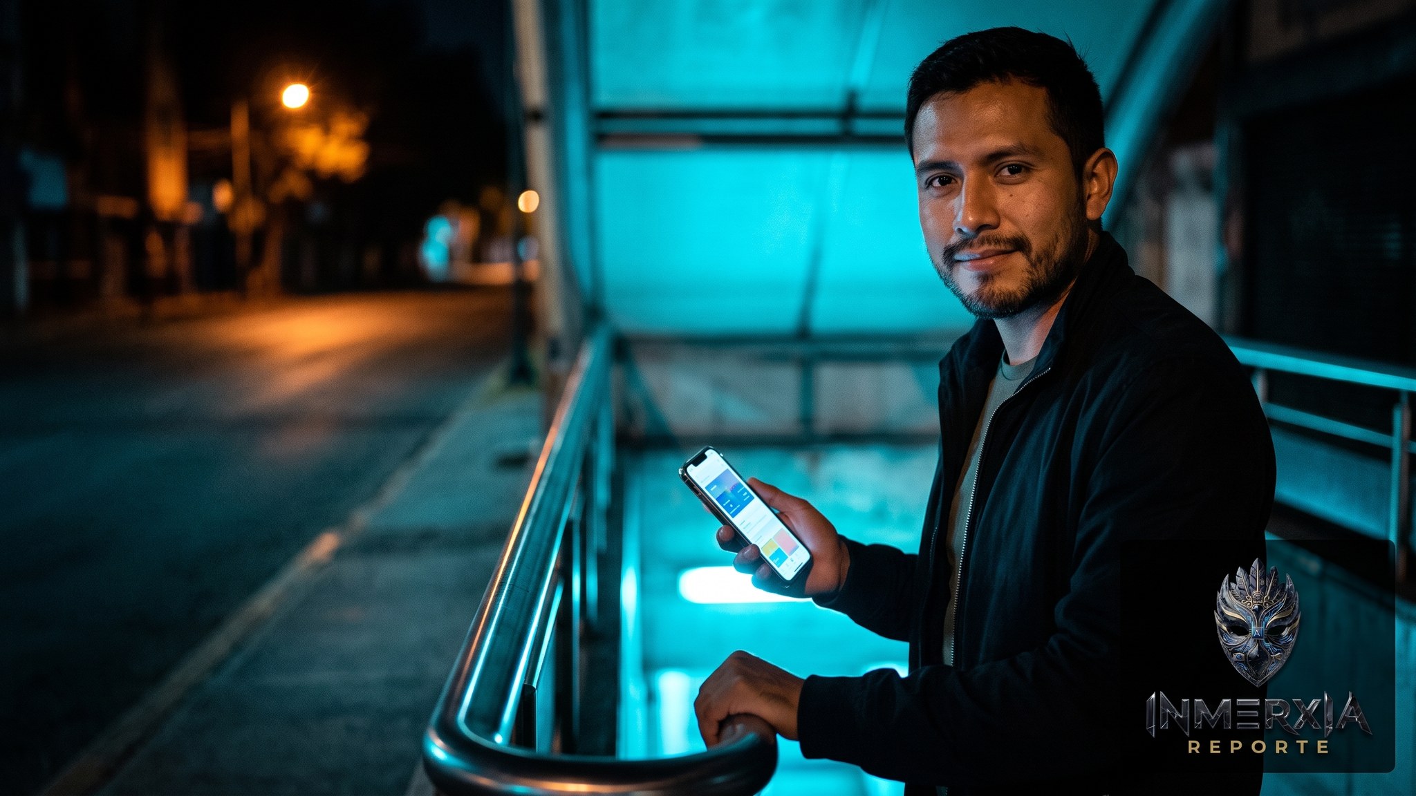 Hombre con el celular en la mano junto al barandal de un acceso de metro iluminado de noche, con la calle vacía al fondo