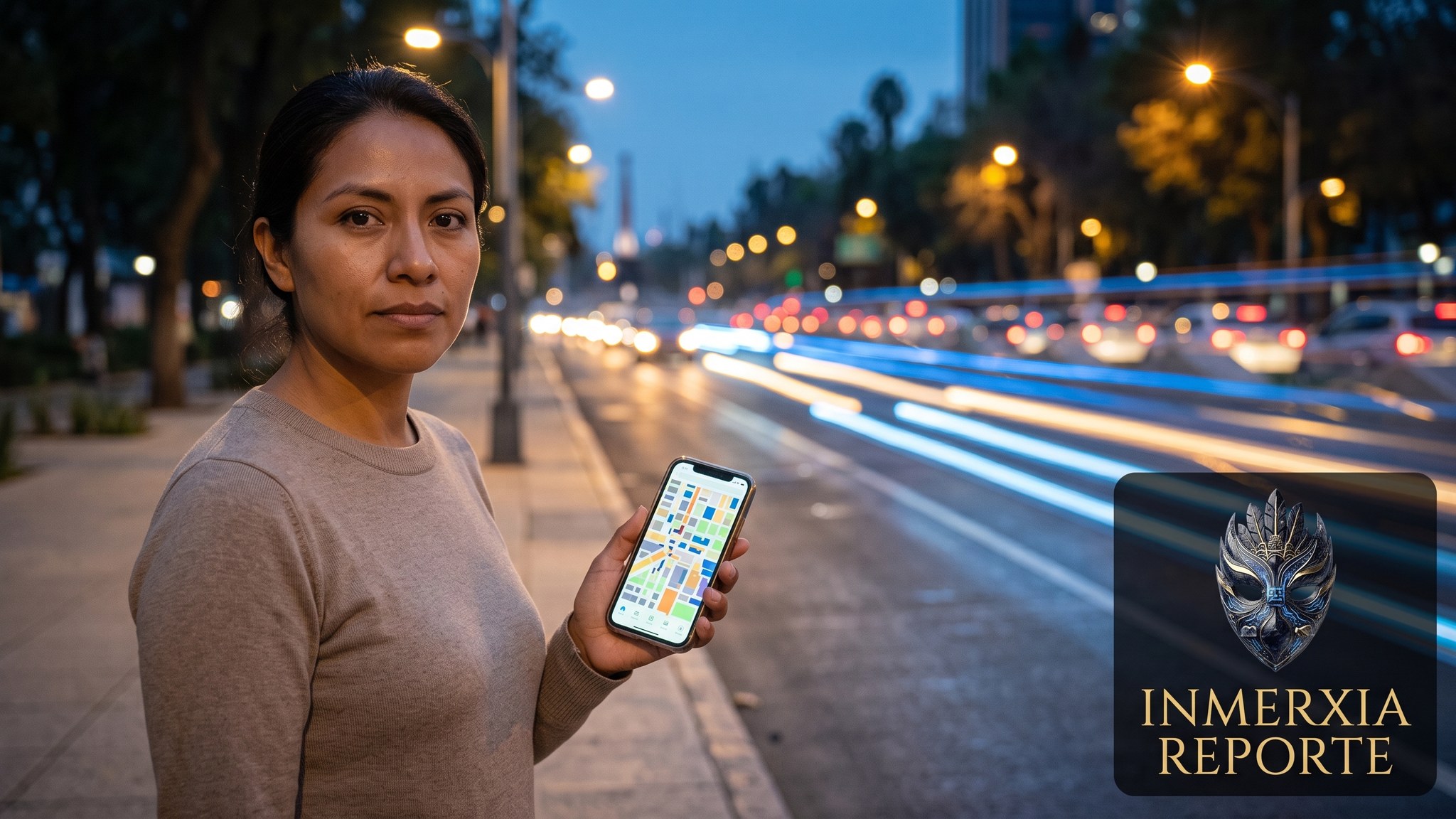 Mujer consultando su celular en la banqueta de una avenida al atardecer, con el tráfico detenido y luces en movimiento al fondo