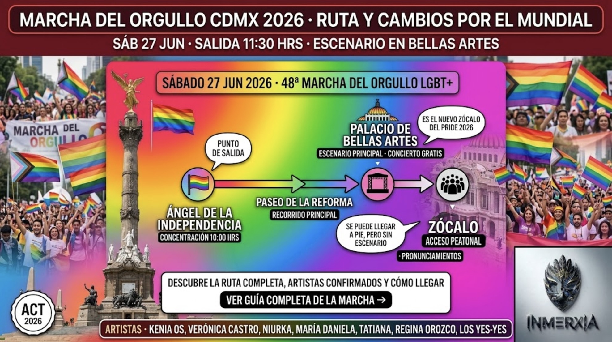 Marcha del Orgullo CDMX 2026: salida del Ángel a las 11:30, escenario en Bellas Artes por Fan Fest del Mundial. Artistas: Kenia Os, Verónica Castro, Niurka, María Daniela y más.