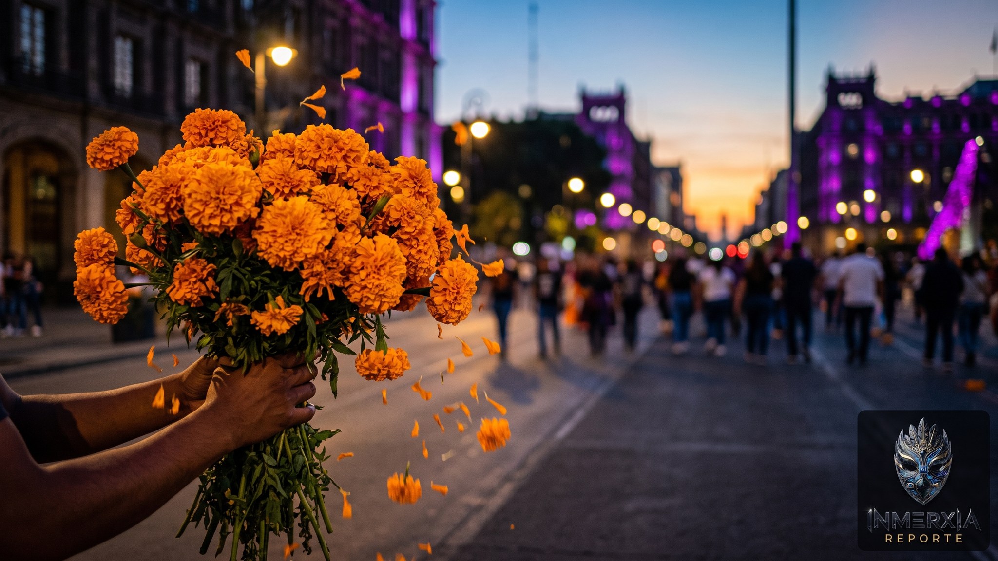 Manos sosteniendo un ramo de flores de cempasúchil naranja al atardecer sobre una avenida con gente caminando al fondo