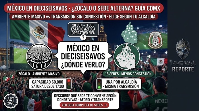 Comparativa para ver dieciseisavos de México en CDMX: Zócalo vs 18 sedes alternas por alcaldía. Aforo, transporte y recomendación según tu ubicación.