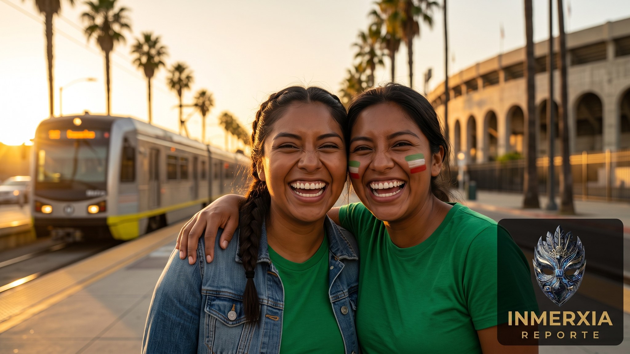 Aficionadas mexicanas en el andén del Metro rumbo al Memorial Coliseum de Los Ángeles.