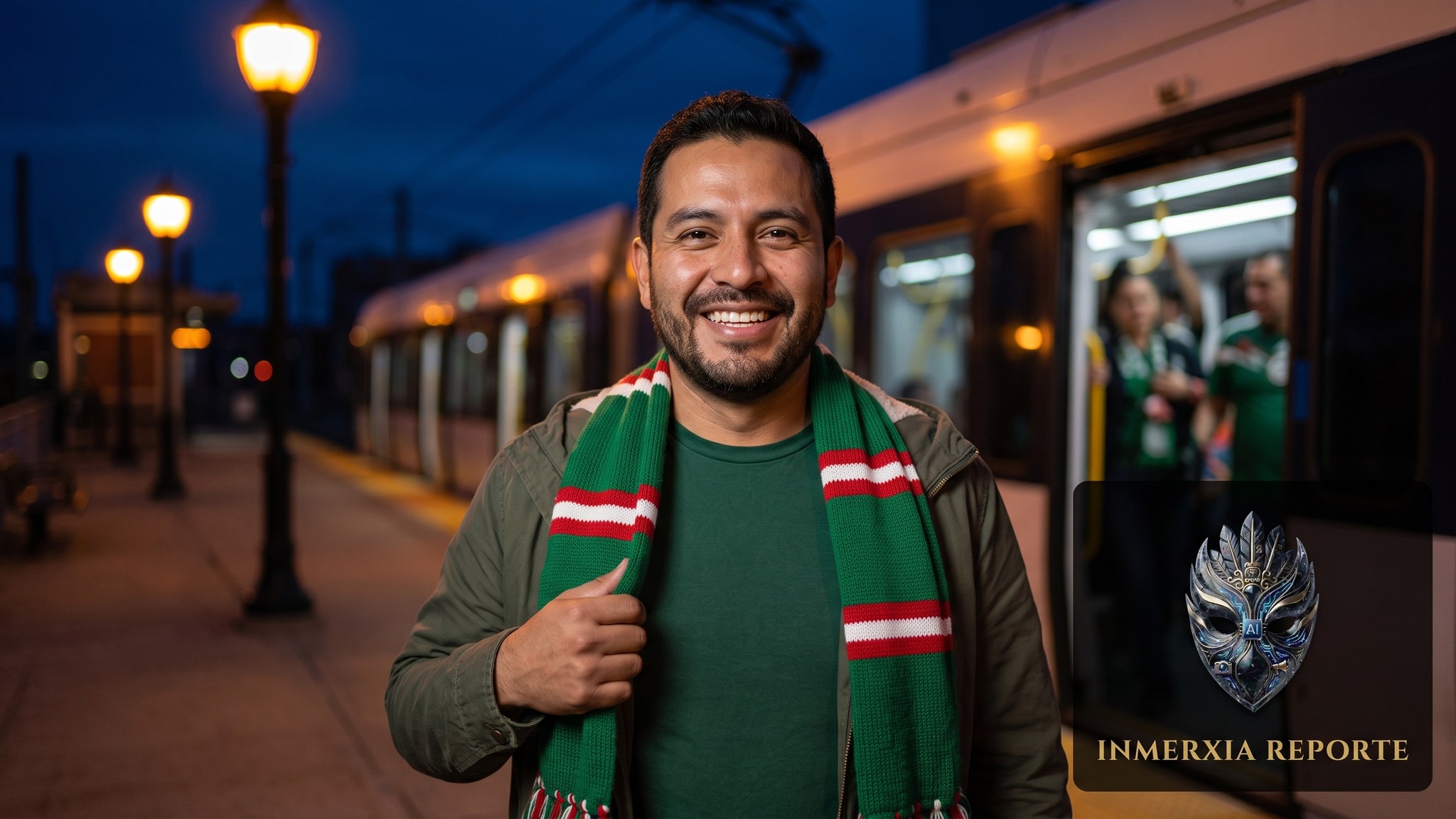Aficionado mexicano con bufanda tricolor llega en tren ligero al estadio de Baltimore para ver a la Selección.