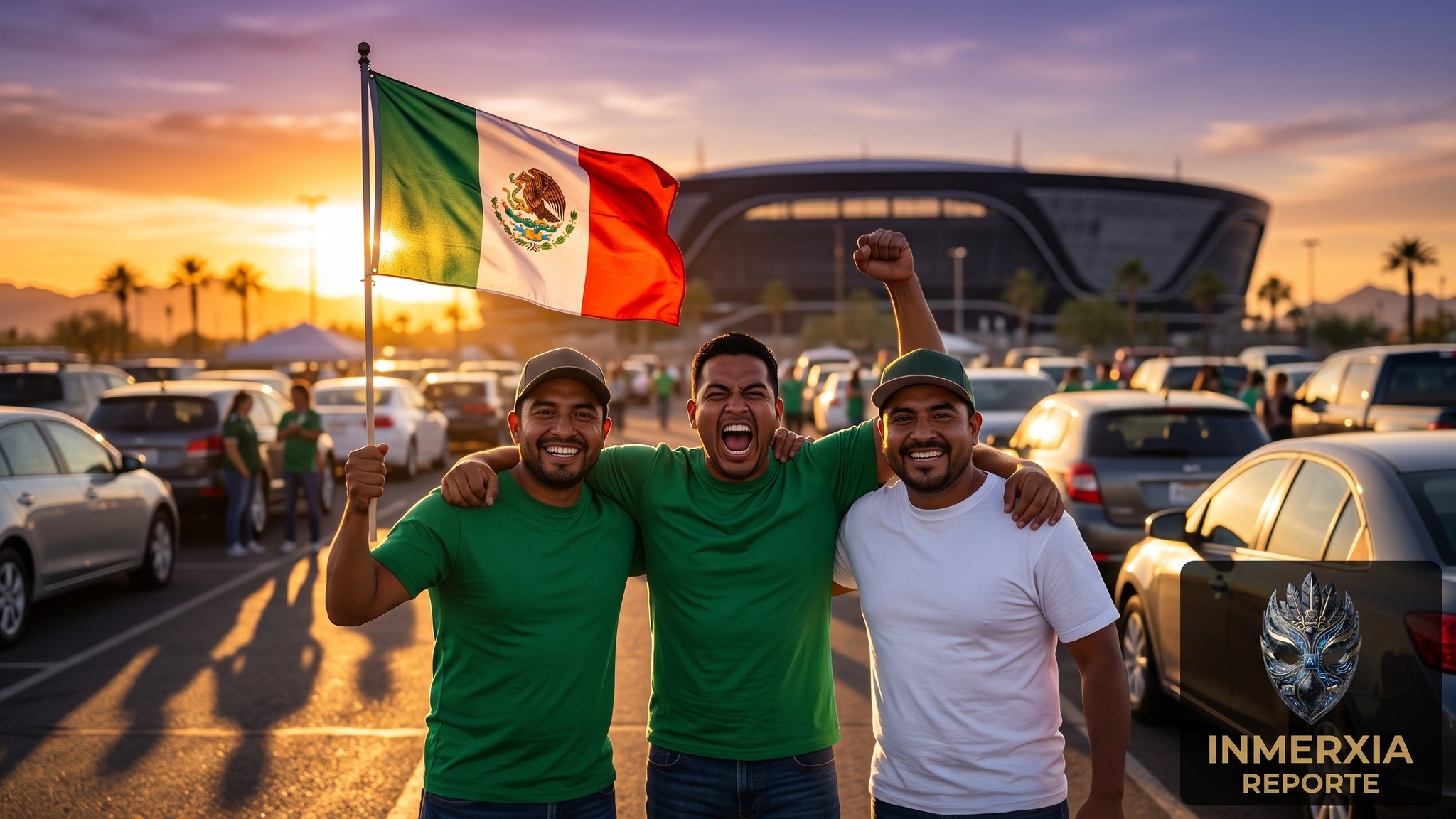 Aficionados mexicanos con la bandera nacional en el estacionamiento del estadio de Glendale, Arizona.