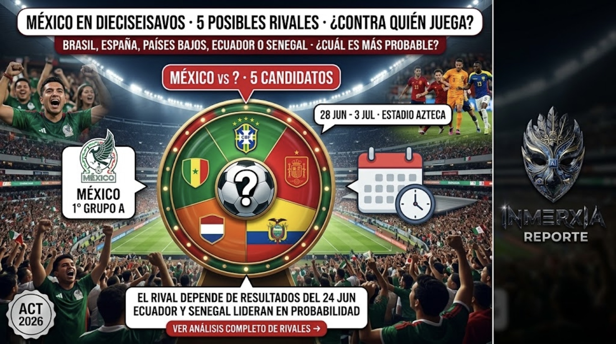 Ruleta con escudos de Brasil, España, Países Bajos, Ecuador y Senegal. México enfrentará a uno de ellos en el Estadio Azteca entre el 28 de junio y 3 de julio.