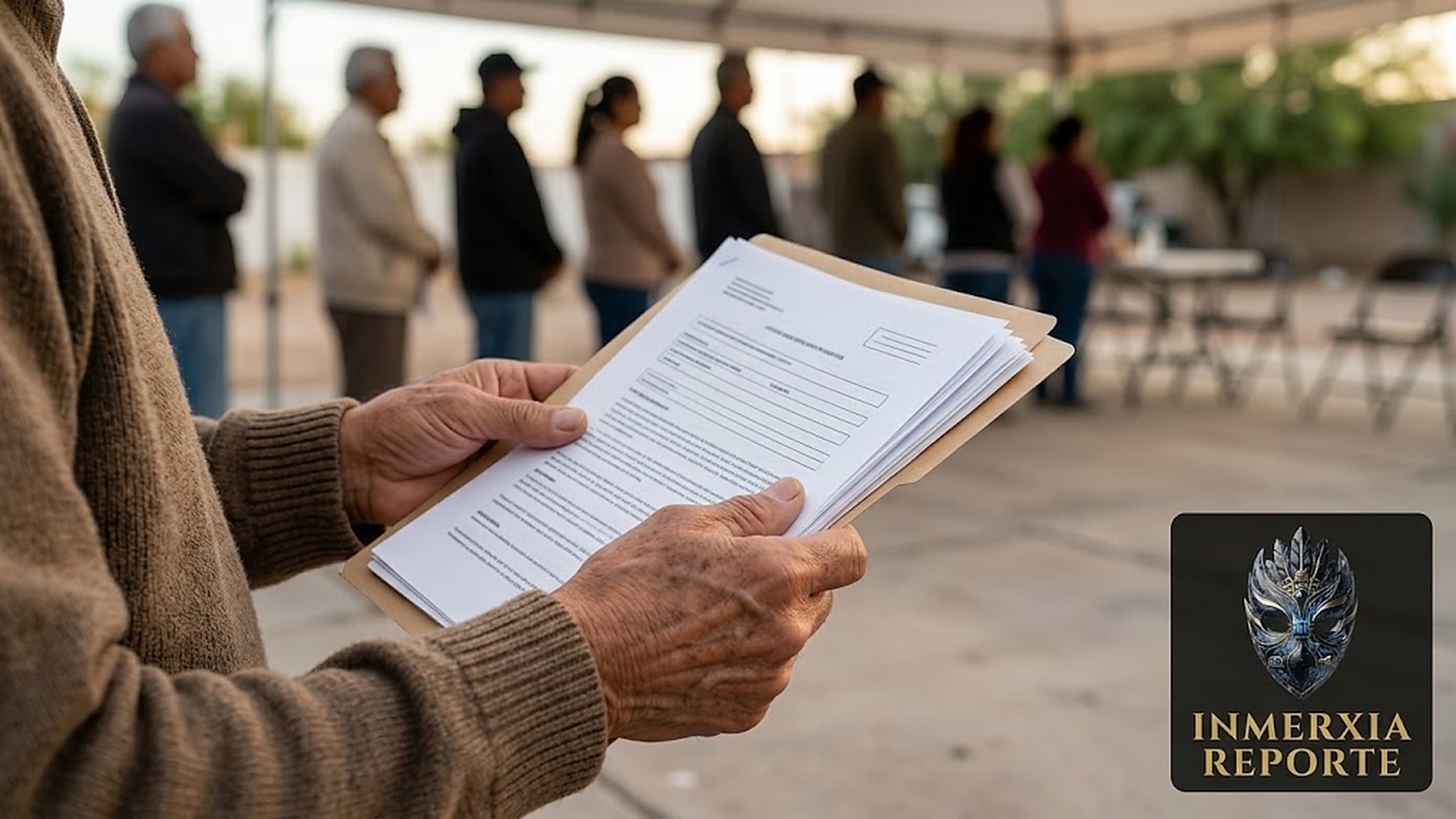 Adulto mayor revisa sus documentos en la fila de un módulo del Bienestar antes de hacer su trámite.