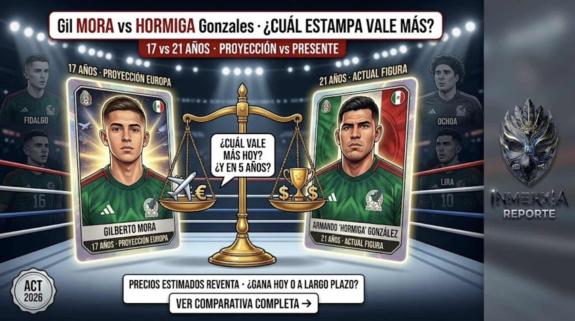 Duelo de estampas Panini: Gilberto Mora vs Armando Hormiga González. Balanza con proyección Europa vs actualidad. Título: ¿Cuál estampa vale más?