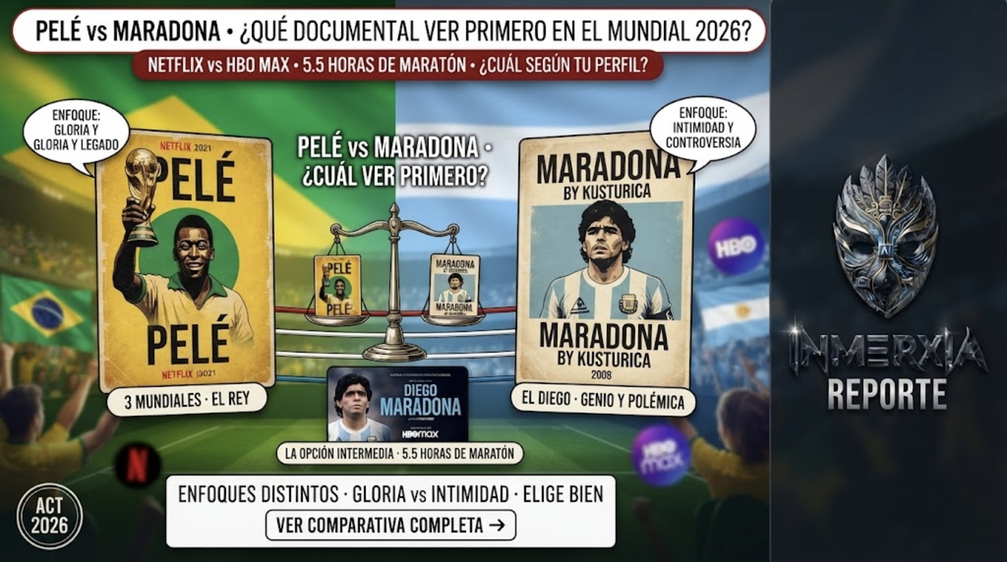Pósters enfrentados de Pelé (Netflix) y Maradona (Kusturica), con balanza en el centro. Título: ¿qué documental ver primero en el Mundial 2026?