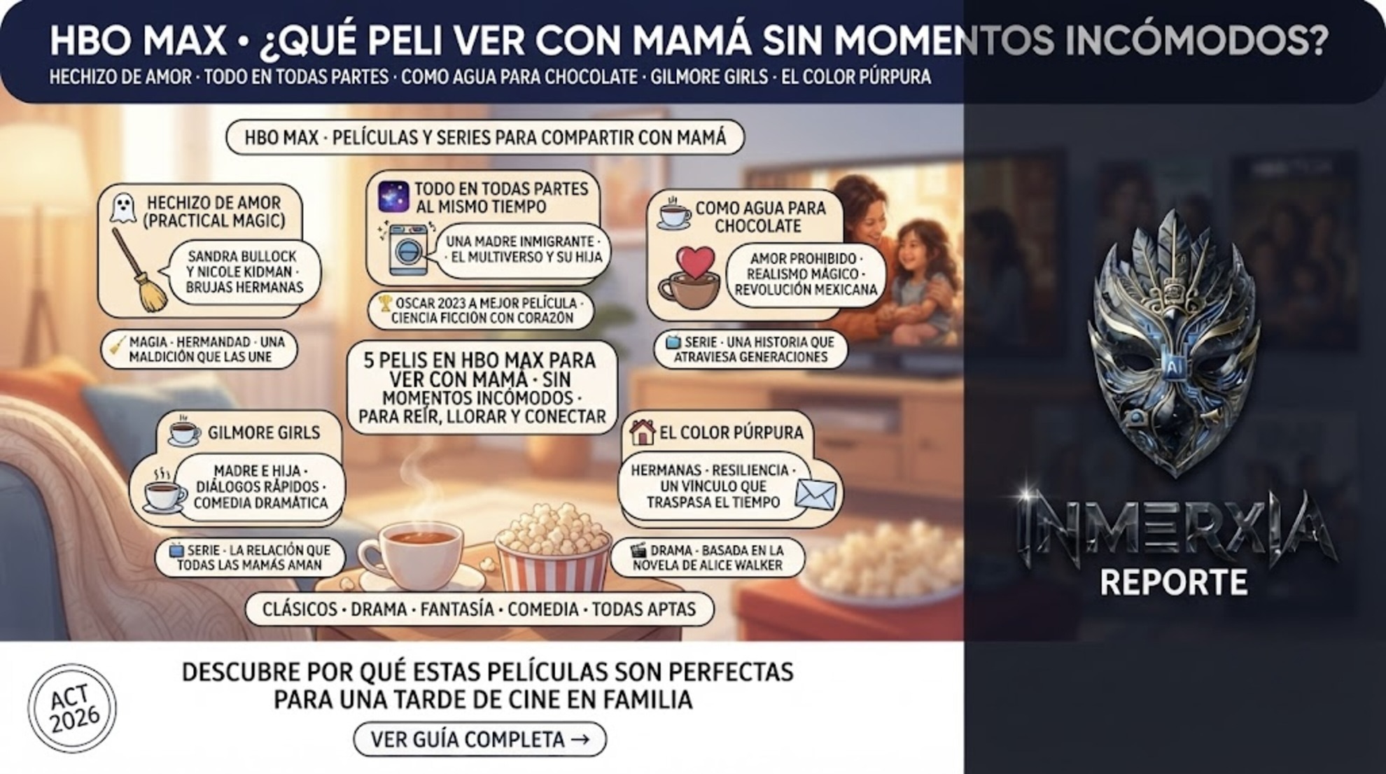 5 películas y series en HBO Max para ver con mamá sin momentos incómodos: Hechizo de Amor, Todo en todas partes al mismo tiempo, Como agua para chocolate, Gilmore Girls y El color púrpura.