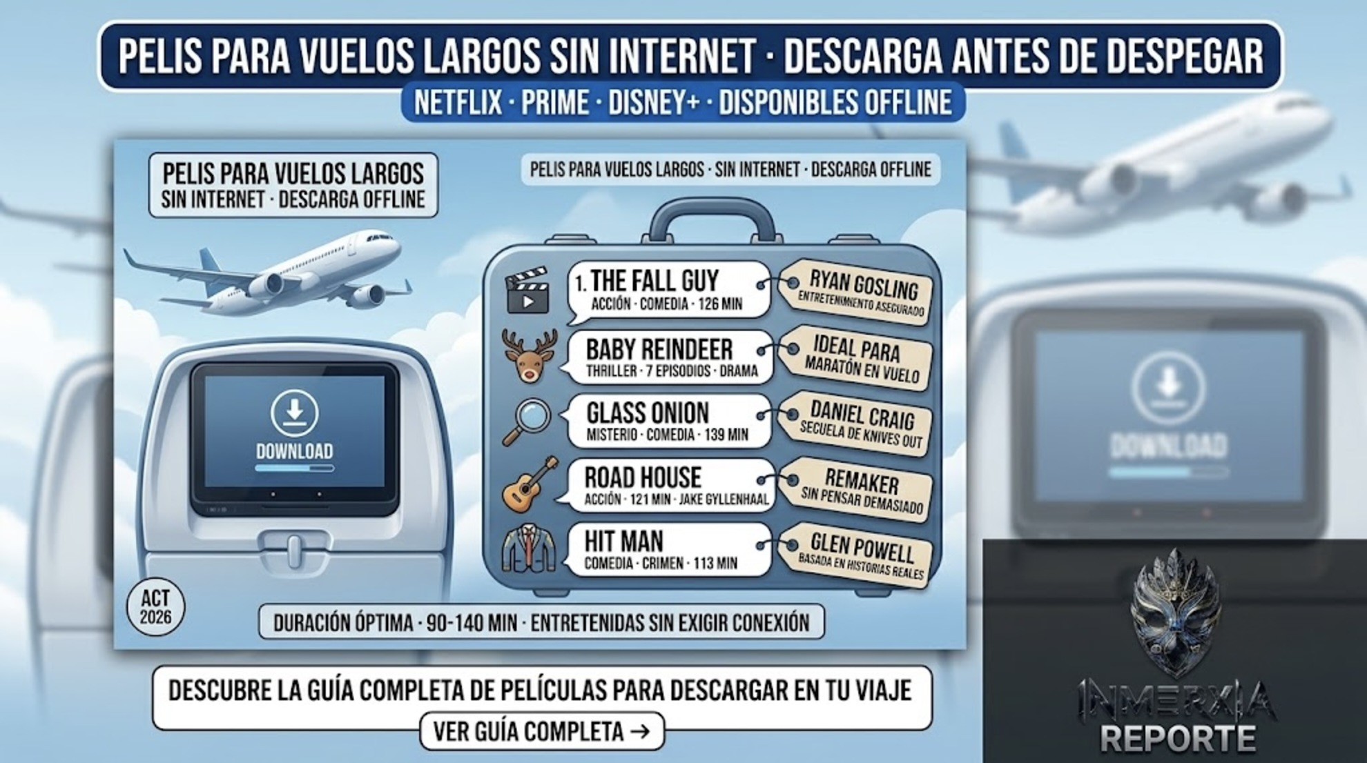 Películas para descargar offline en vuelos largos: The Fall Guy, Baby Reindeer, Glass Onion, Road House y Hit Man. Disponibles en Netflix, Prime Video y Disney+. Duración óptima 90-140 minutos.