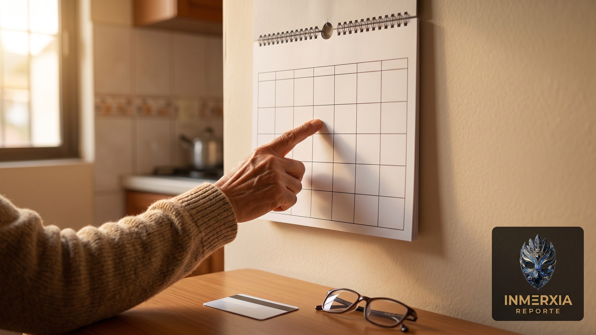 Adulto mayor señala una fecha en el calendario de su cocina mientras espera el depósito del bimestre.