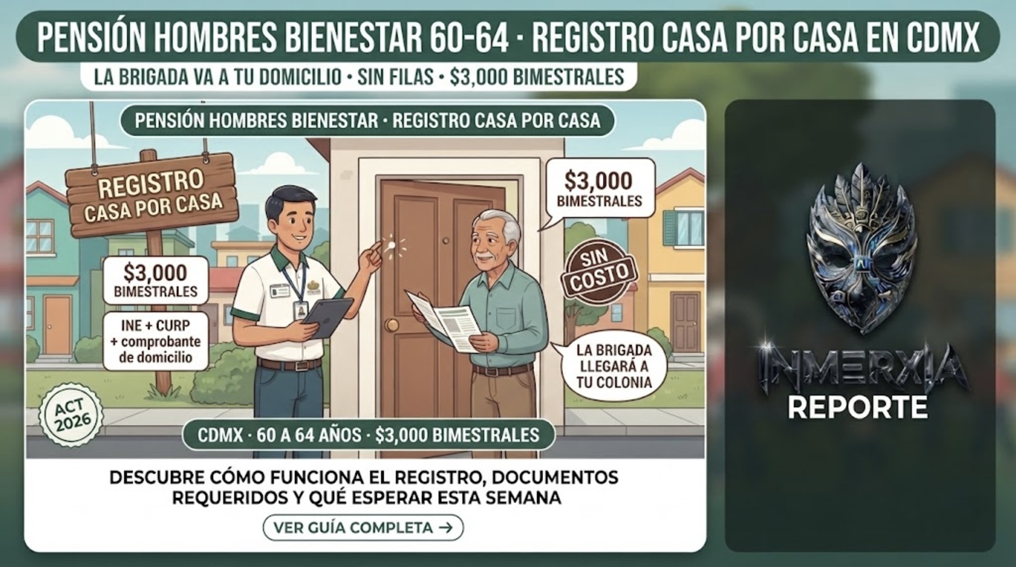 Registro Casa por Casa de la Pensión Hombres Bienestar en CDMX. Servidor público toca la puerta de un hogar para inscribir a hombres de 60 a 64 años. Apoyo de $3,000 bimestrales. Sin filas.