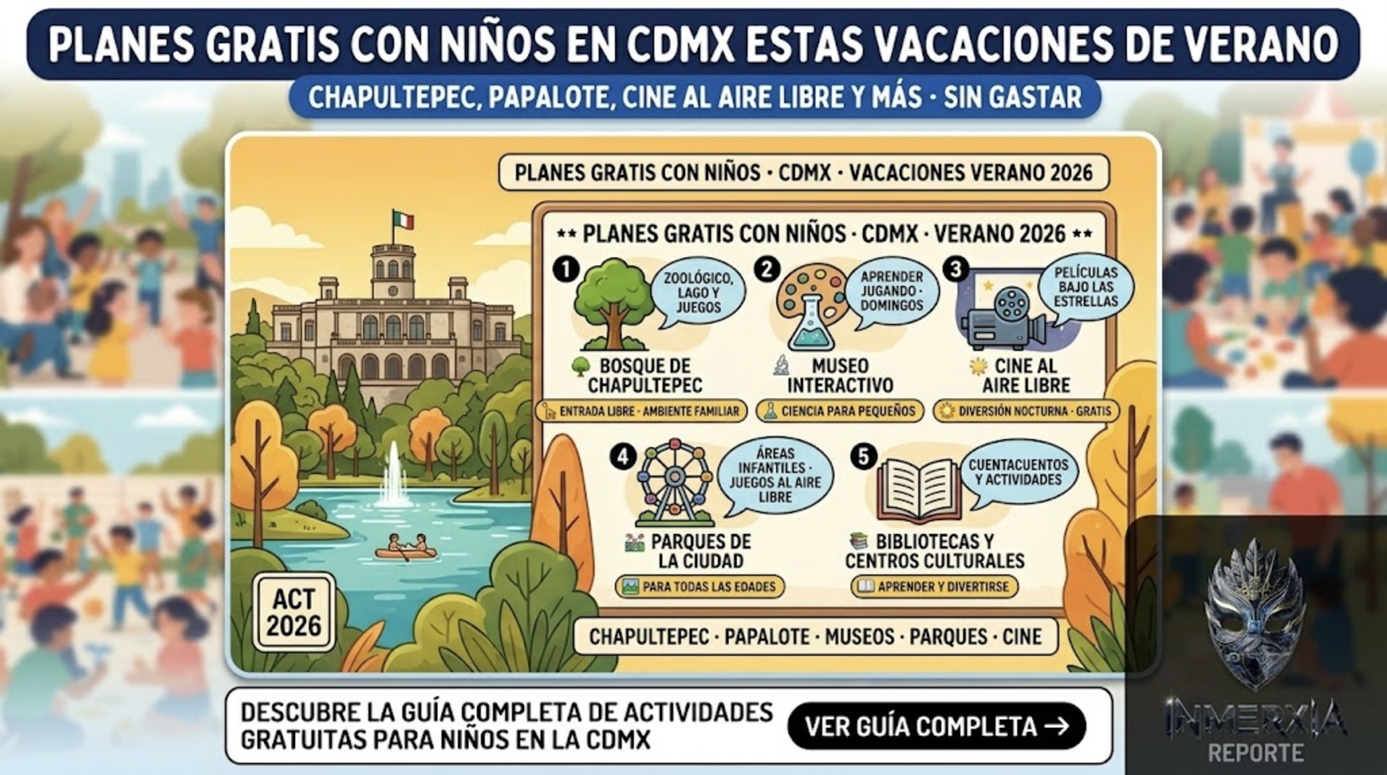 Planes gratis con niños en CDMX estas vacaciones de verano 2026: Bosque de Chapultepec (zoológico, lago), Museo Interactivo, cine al aire libre, parques infantiles y actividades en bibliotecas.