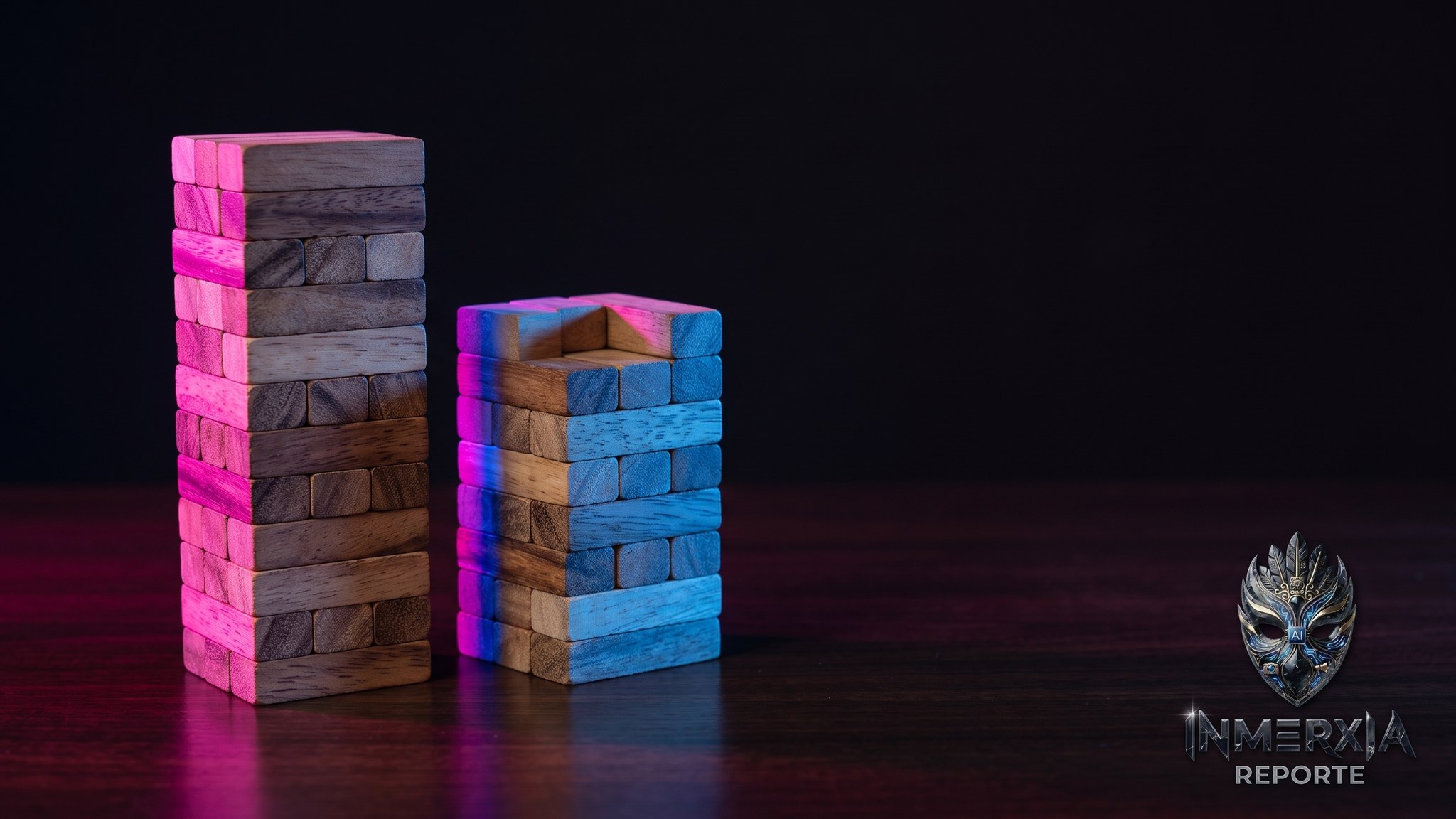 Dos torres de bloques de madera de distinta altura sobre una mesa oscura, iluminadas en magenta y azul