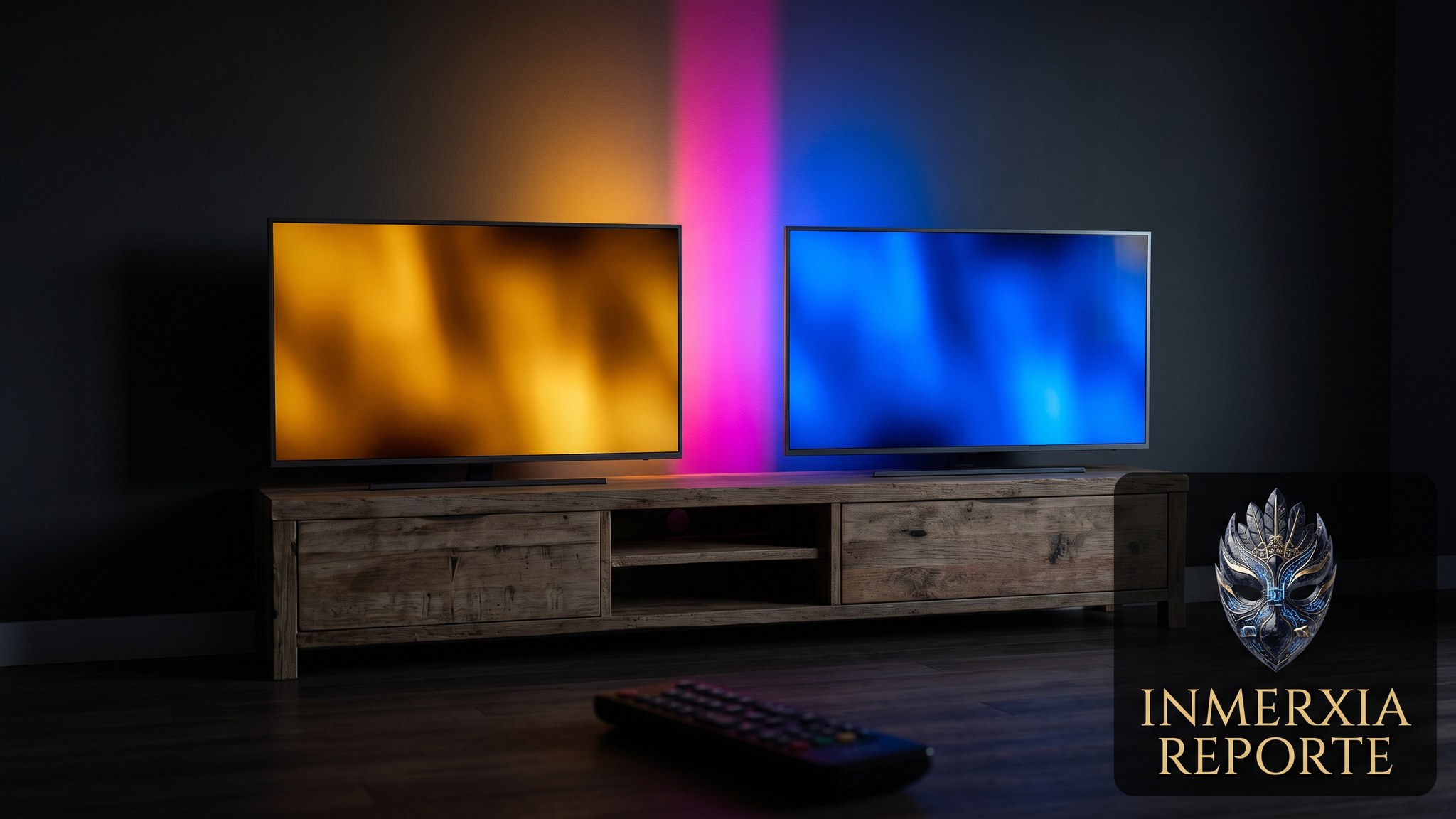 Dos televisores encendidos uno junto al otro, uno en ámbar y otro en azul, con una franja magenta entre ambos