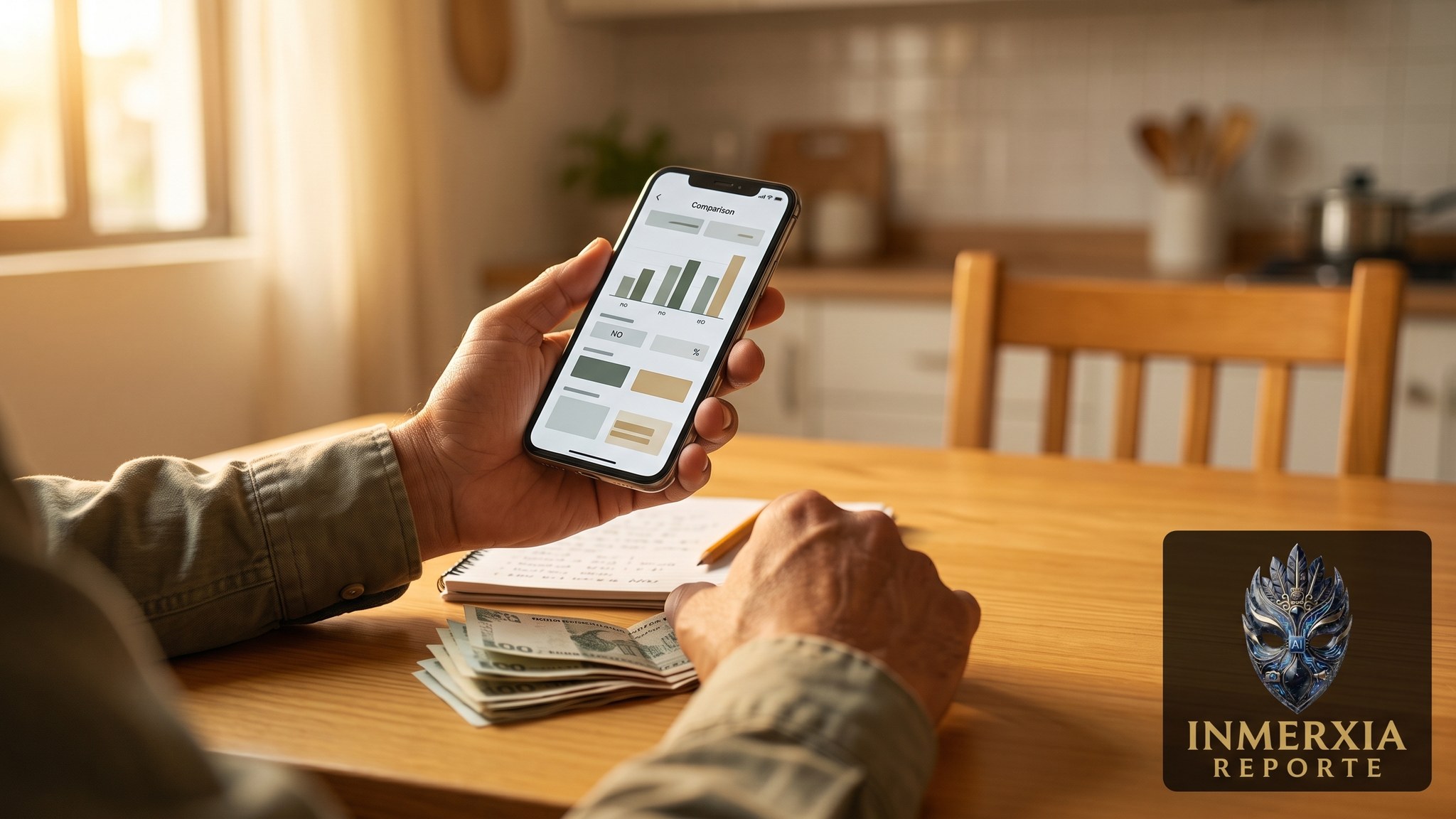 Persona compara opciones en el celular antes de enviar dinero a su familia en México desde la cocina de casa.
