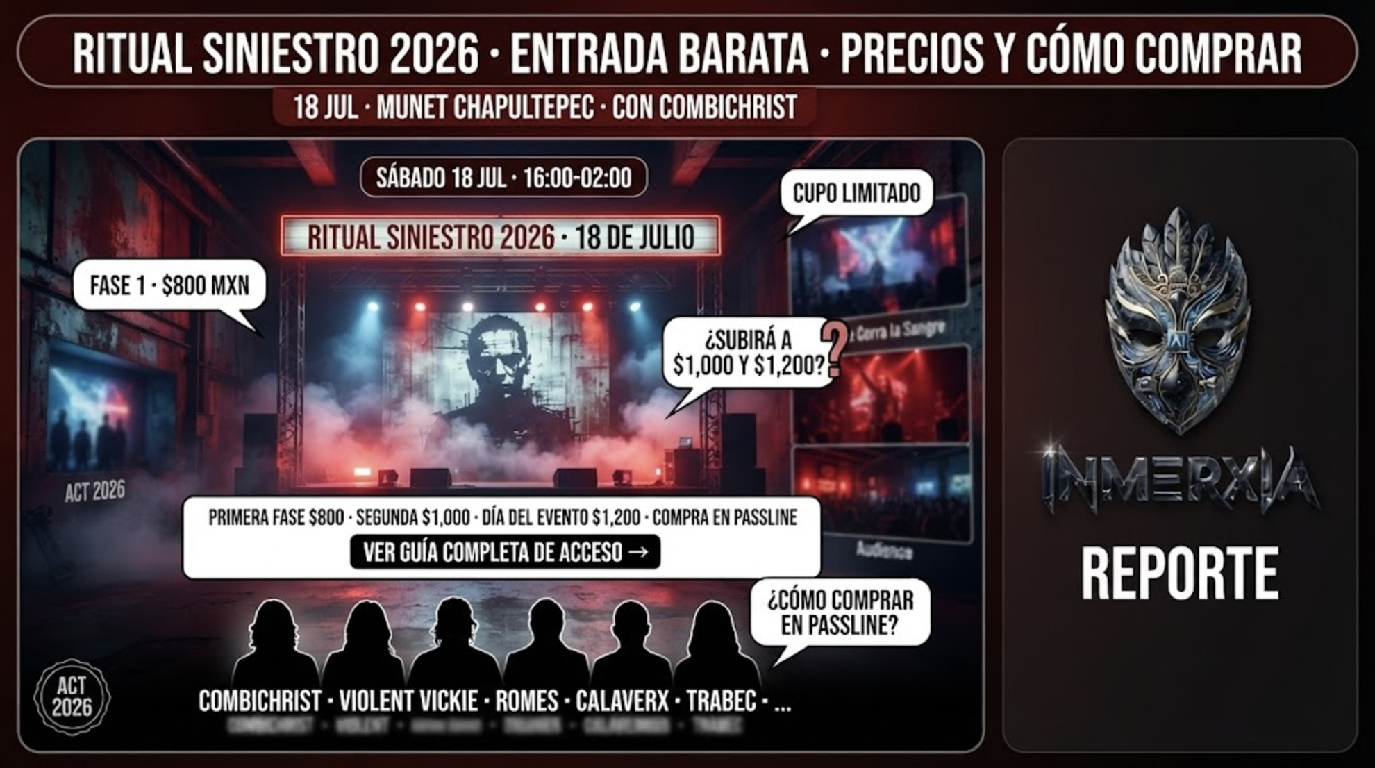 Ritual Siniestro 2026 en Museo MUNET con Combichrist de headliner. Precios por fases: $800, $1,000 y $1,200 MXN.