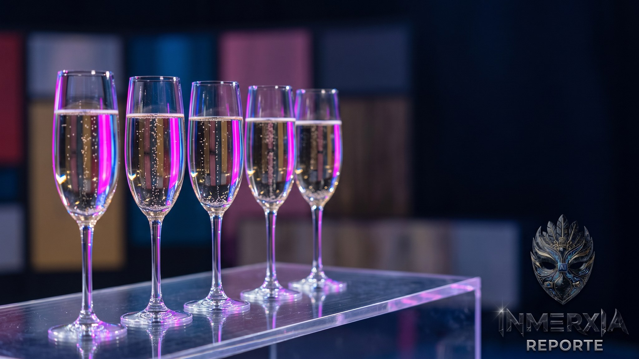 Cinco copas de champagne alineadas sobre una barra de acrílico en un set de televisión con paneles de colores al fondo