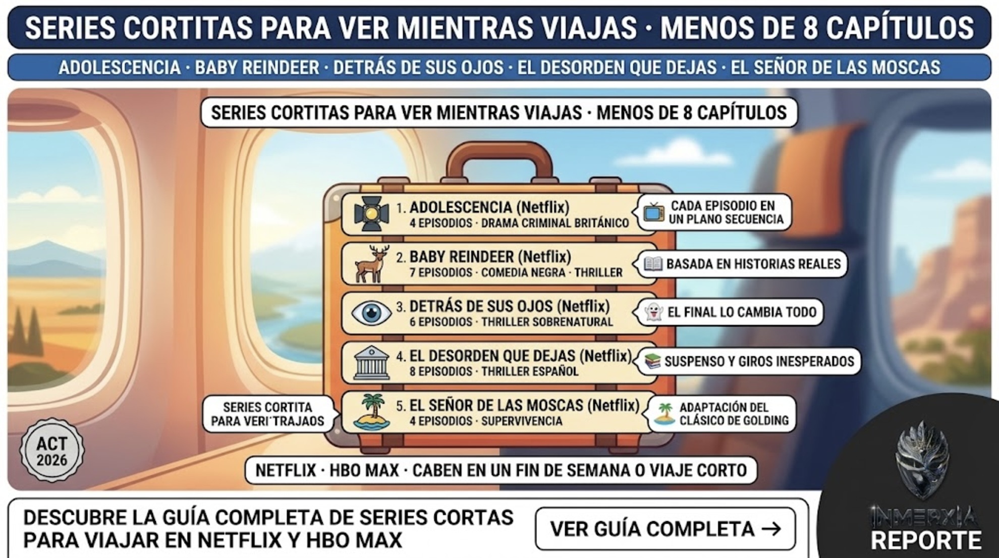 Series cortitas para ver mientras viajas: Adolescencia (4 capítulos), Baby Reindeer (7), Detrás de sus ojos (6), El desorden que dejas (8) y El señor de las moscas (4). Disponibles en Netflix y HBO Max.