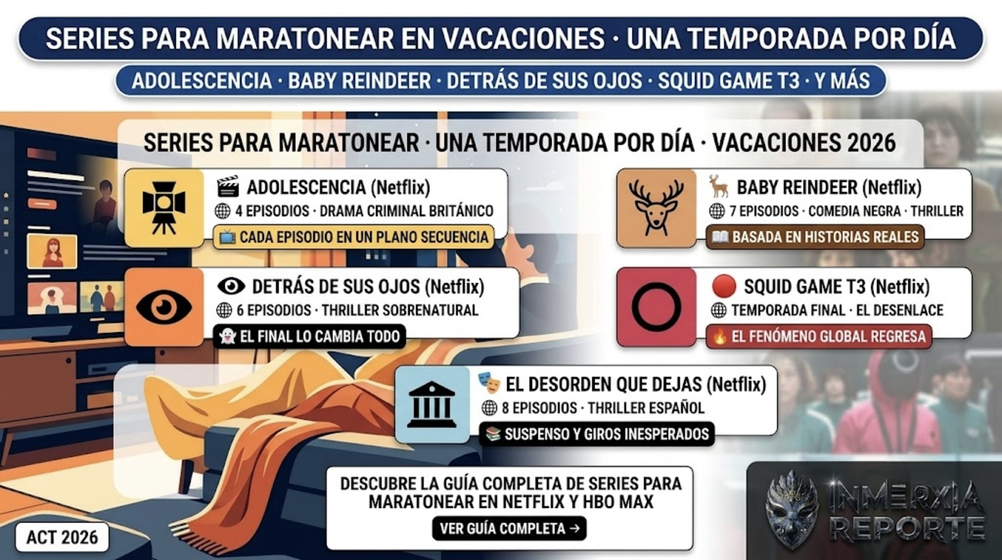 Series para maratonear en vacaciones: Adolescencia (4 episodios), Baby Reindeer (7), Detrás de sus ojos (6), Squid Game T3 (temporada final) y El desorden que dejas (8). Disponibles en Netflix y HBO Max.