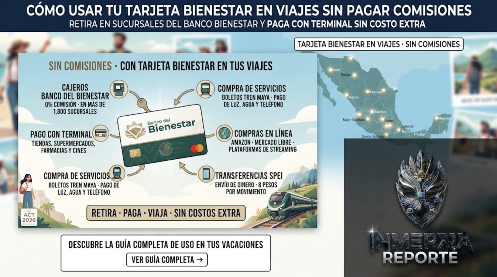 Guía para usar la tarjeta del Banco del Bienestar en viajes sin pagar comisiones. Cajeros automáticos Banco del Bienestar, pago con terminal, compra de boletos Tren Maya y más.