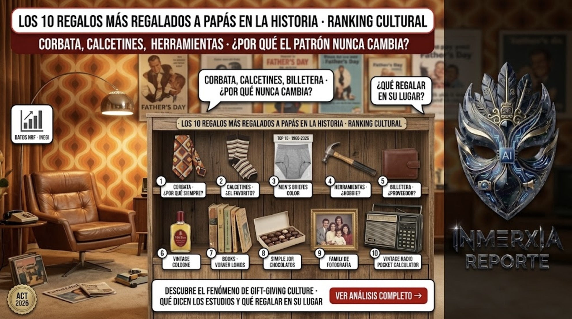 Los 10 regalos más regalados a papás en la historia: corbata, calcetines, calzoncillos, herramientas, billetera, fragancia, libros, dulces, fotografía y electrónicos. Ranking cultural 1960-2026.