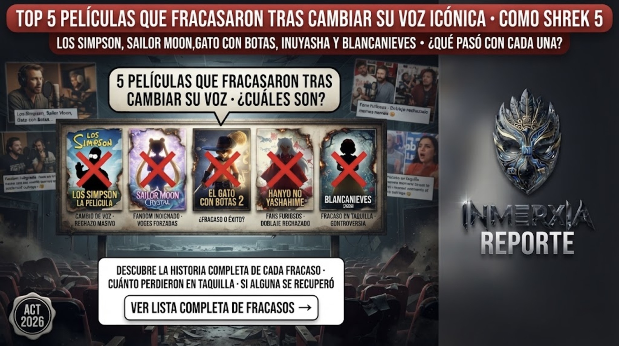 Cartelera con 5 pósters rasgados de películas que fracasaron tras cambiar su voz: Los Simpson, Sailor Moon Crystal, Gato con Botas 2, Hanyo no Yashahime y Blancanieves.