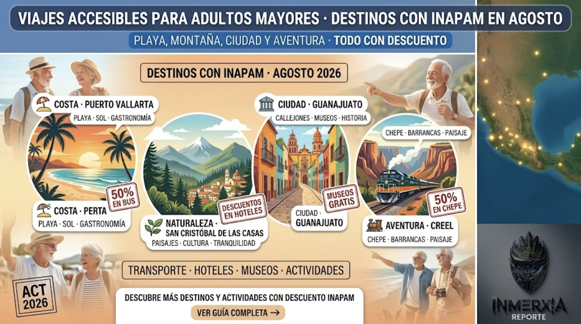 Destinos con descuento INAPAM para adultos mayores en agosto: Puerto Vallarta, San Cristóbal de las Casas, Guanajuato y Creel. Transporte, hoteles y museos con beneficios.