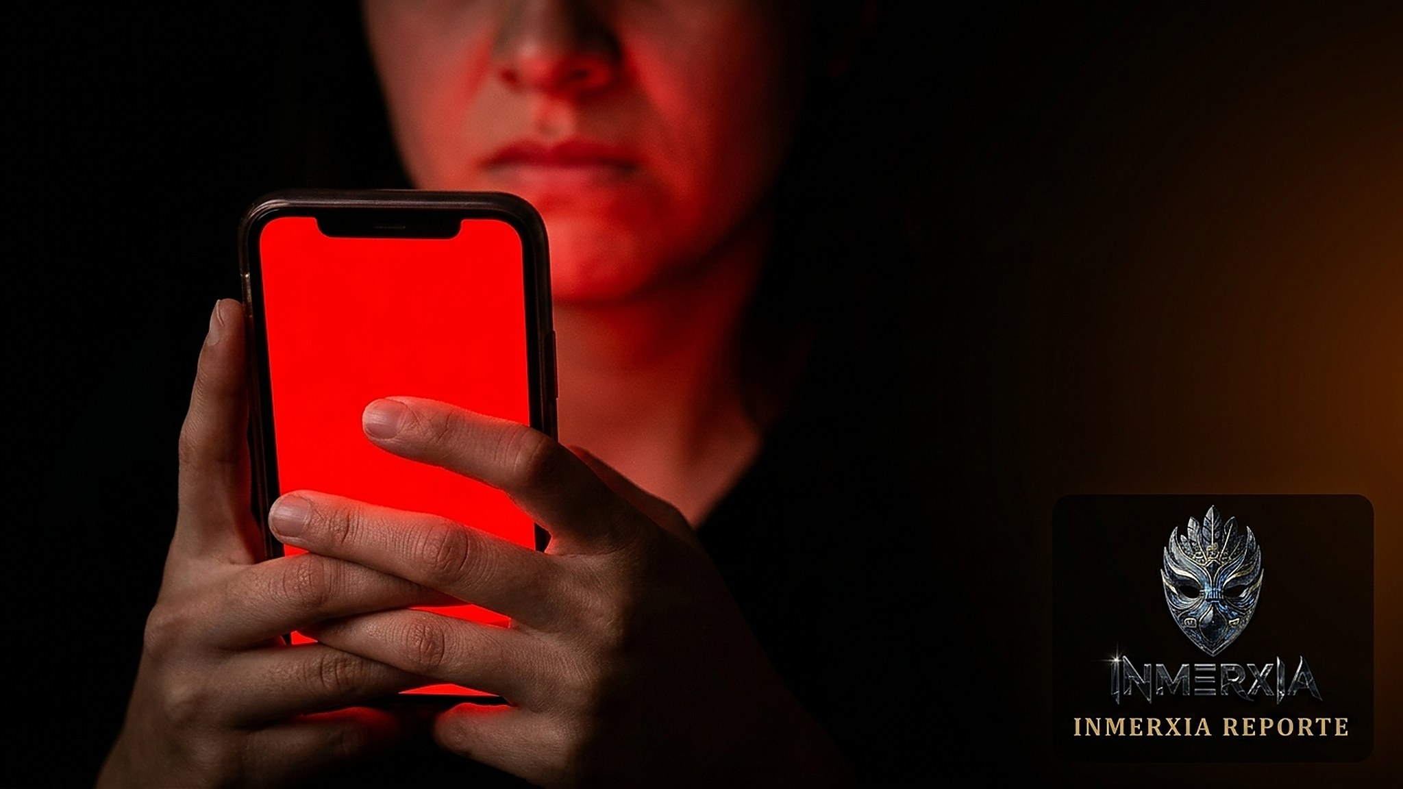 Manos sosteniendo un celular con la pantalla encendida en rojo intenso, en la oscuridad, con el pulgar sobre la pantalla