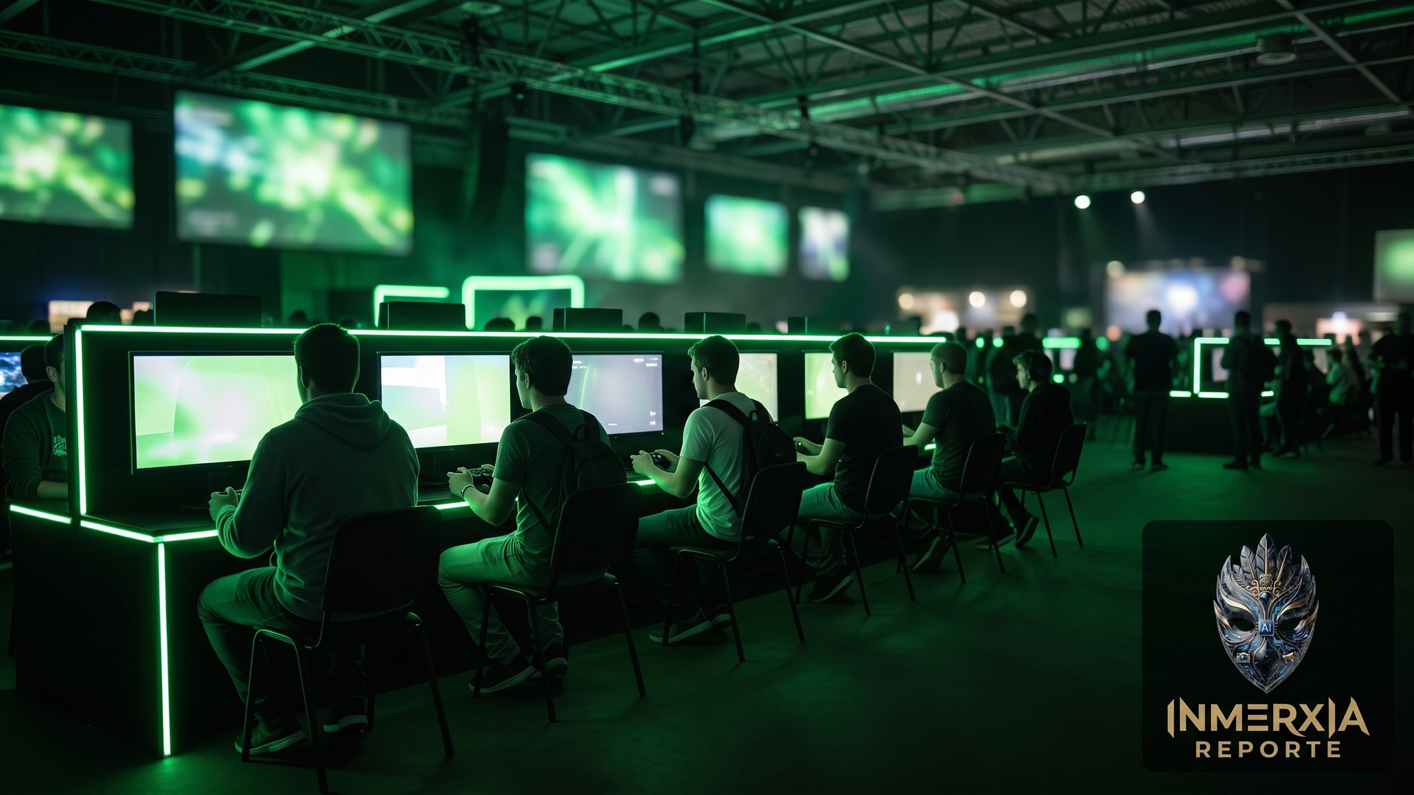 Estaciones de juego iluminadas en un evento de videojuegos con asistentes probando los títulos disponibles.